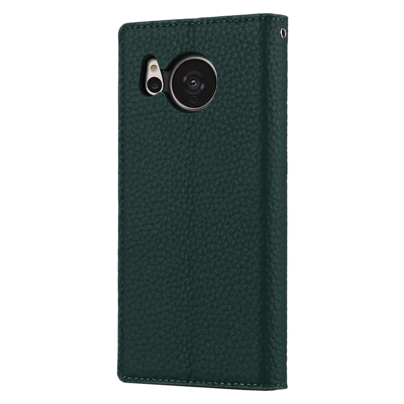 For Sharp Aquos Sense 7 Genuine Leather Case Anti-Scratch Litchi Texture Flip Wallet Stand Phone Protective Cover with Strap - Green