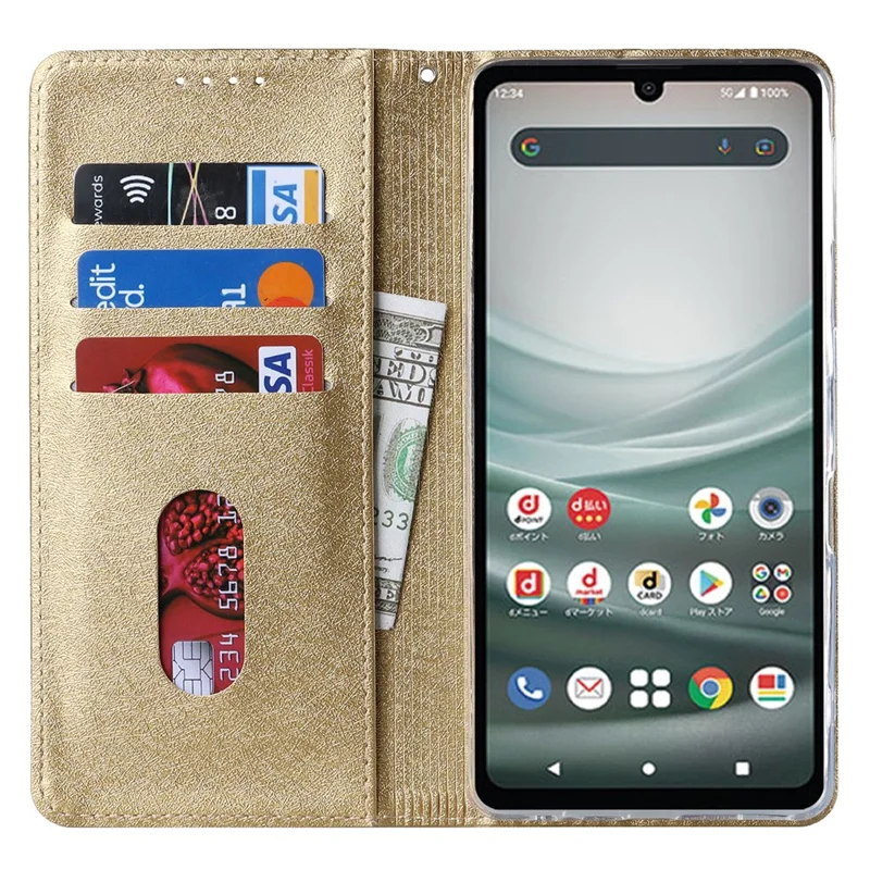 For Sharp Aquos Sense 7 Plus Scratch-resistant PU Leather Silk Texture Wallet Phone Case Stand Protector with Wrist Strap - Gold