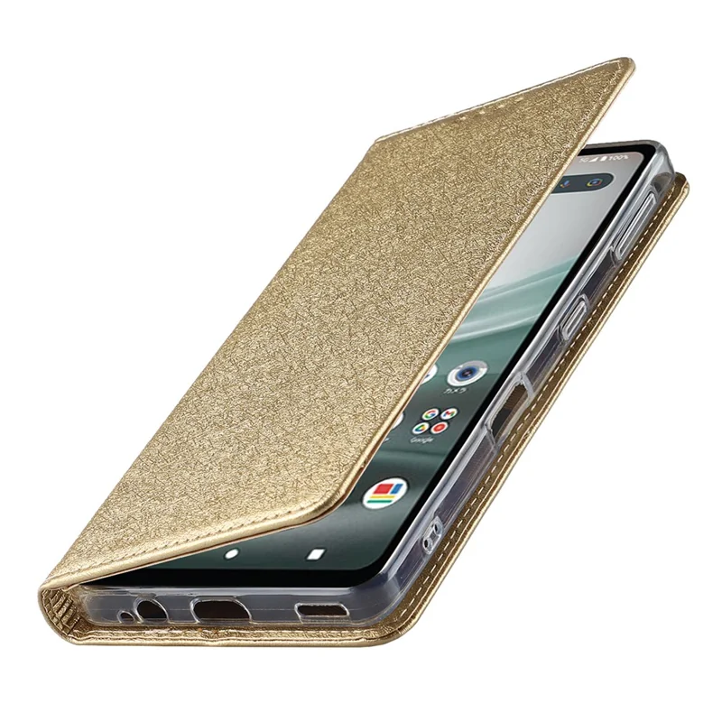 For Sharp Aquos Sense 7 Plus Scratch-resistant PU Leather Silk Texture Wallet Phone Case Stand Protector with Wrist Strap - Gold