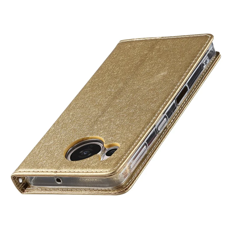 For Sharp Aquos Sense 7 Plus Scratch-resistant PU Leather Silk Texture Wallet Phone Case Stand Protector with Wrist Strap - Gold