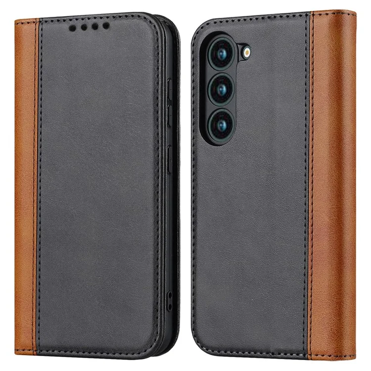 For Samsung Galaxy S23+ Phone Cover Bi-color Splicing Magnetic Closure PU Leather Calf Texture Stand Flip Wallet Case - Black / Yellow