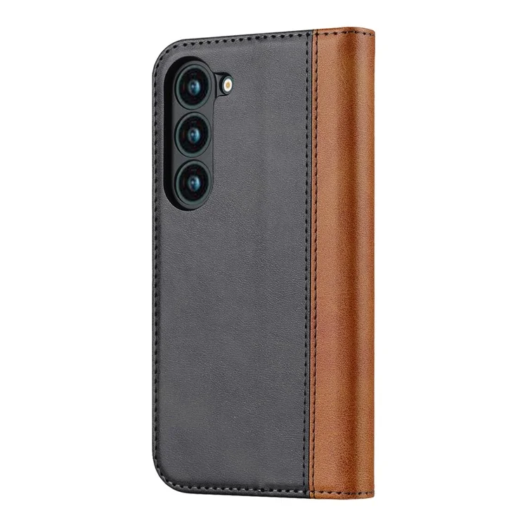 For Samsung Galaxy S23+ Phone Cover Bi-color Splicing Magnetic Closure PU Leather Calf Texture Stand Flip Wallet Case - Black / Yellow