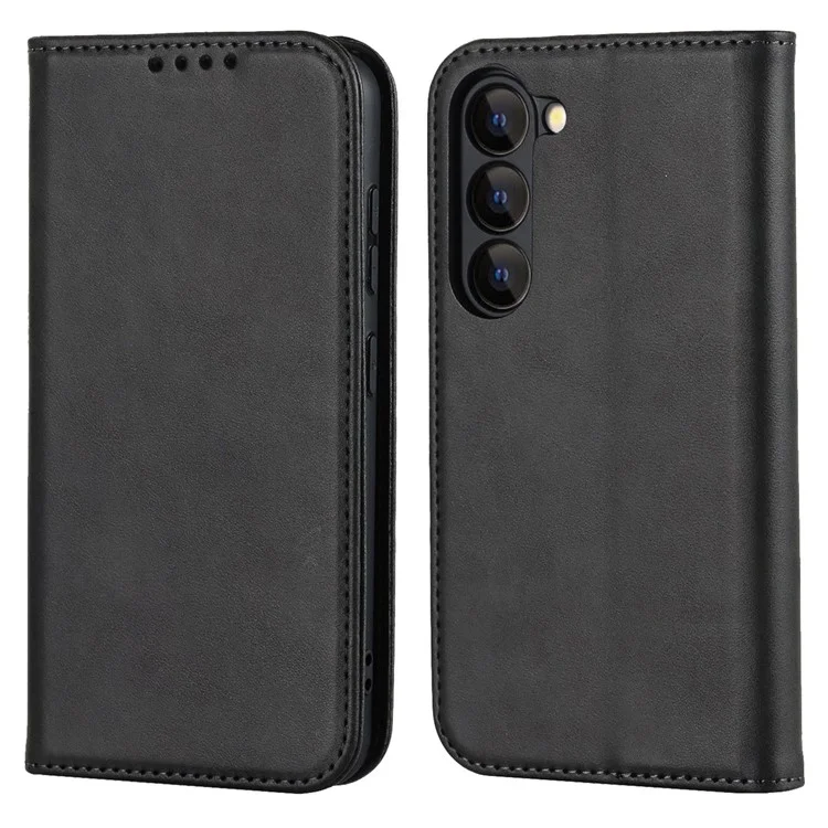 For Samsung Galaxy S23+ Phone Cover Calf Texture PU Leather Stand Magnetic Absorption Anti-Scratch Wallet Phone Case - Black