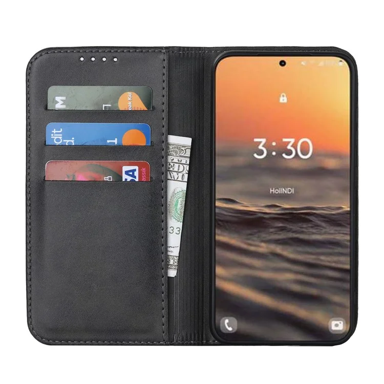 For Samsung Galaxy S23+ Phone Cover Calf Texture PU Leather Stand Magnetic Absorption Anti-Scratch Wallet Phone Case - Black