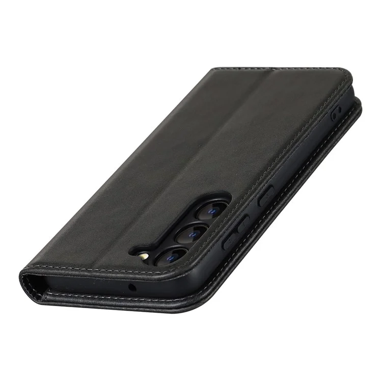 For Samsung Galaxy S23+ Phone Cover Calf Texture PU Leather Stand Magnetic Absorption Anti-Scratch Wallet Phone Case - Black