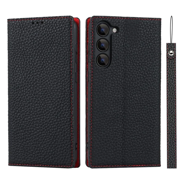 Genuine Leather+TPU Flip Cover for Samsung Galaxy S23+, Litchi Texture Wallet Stand Phone Protective Case Shell with Hand Strap - Black