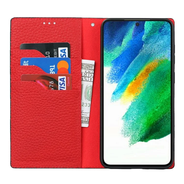Genuine Leather+TPU Flip Cover for Samsung Galaxy S23+, Litchi Texture Wallet Stand Phone Protective Case Shell with Hand Strap - Black