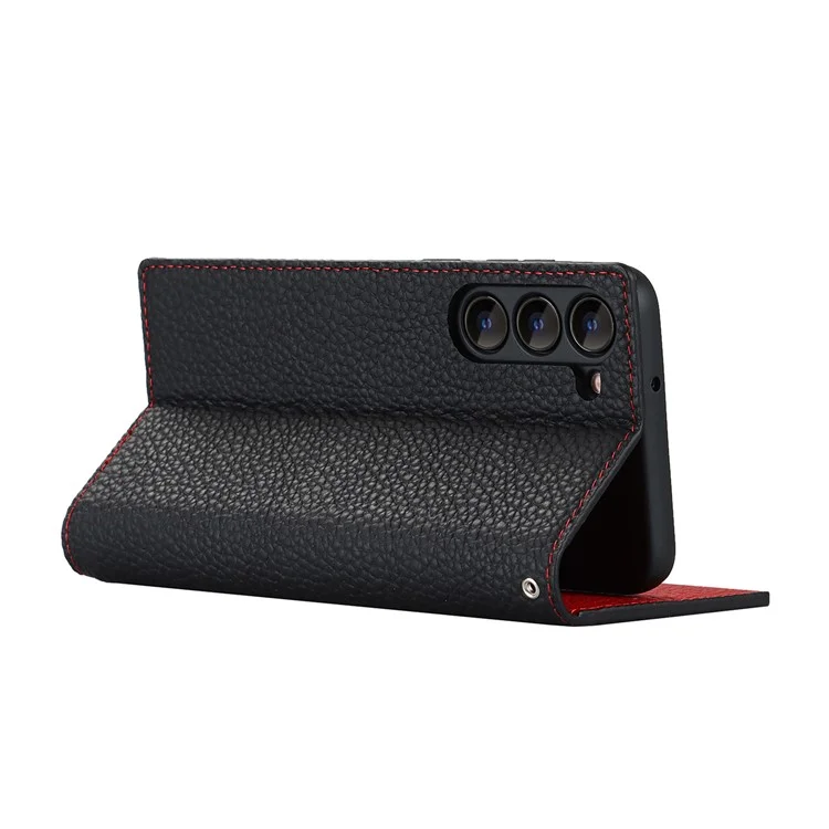 Genuine Leather+TPU Flip Cover for Samsung Galaxy S23+, Litchi Texture Wallet Stand Phone Protective Case Shell with Hand Strap - Black