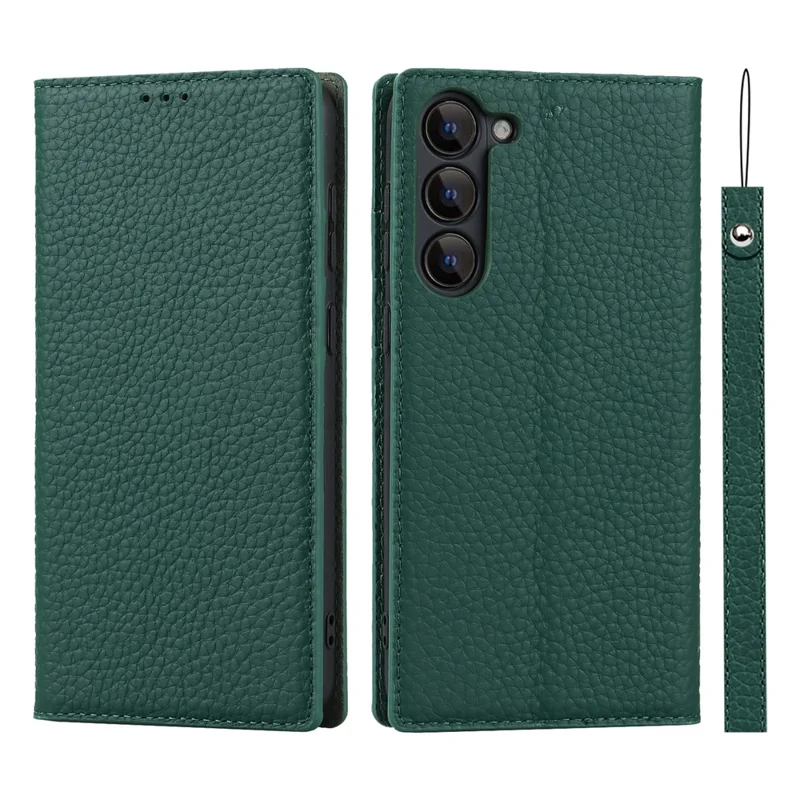 Genuine Leather+TPU Flip Cover for Samsung Galaxy S23+, Litchi Texture Wallet Stand Phone Protective Case Shell with Hand Strap - Green