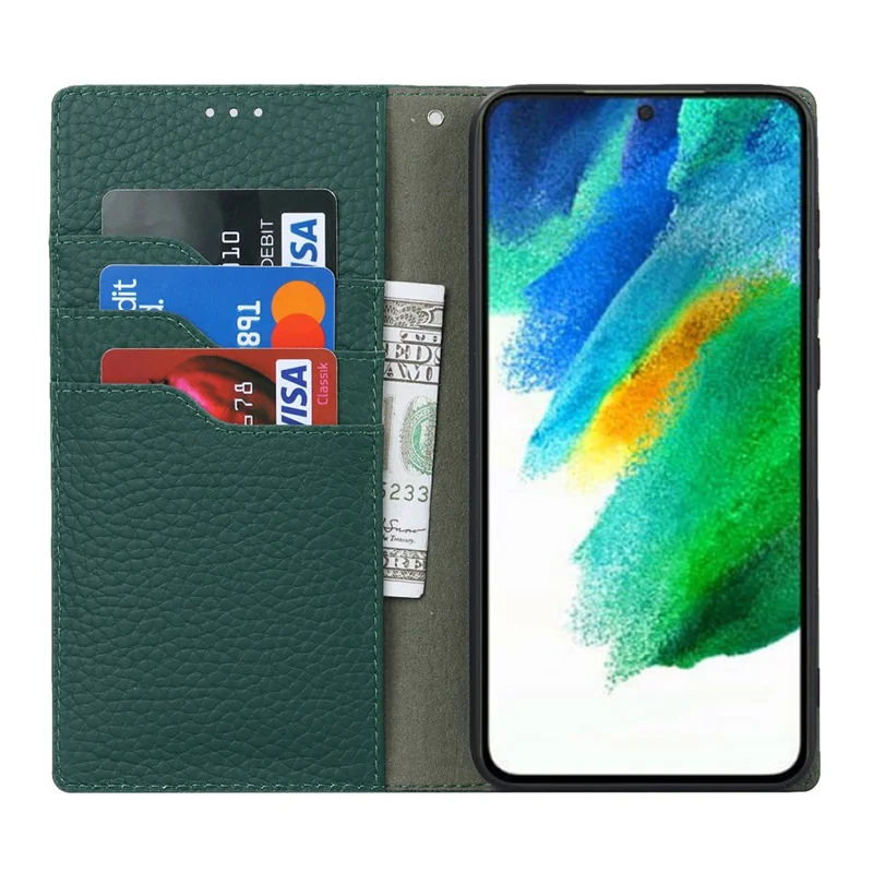Genuine Leather+TPU Flip Cover for Samsung Galaxy S23+, Litchi Texture Wallet Stand Phone Protective Case Shell with Hand Strap - Green