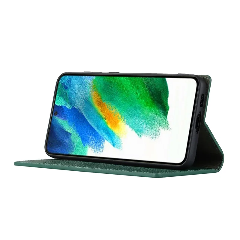 Genuine Leather+TPU Flip Cover for Samsung Galaxy S23+, Litchi Texture Wallet Stand Phone Protective Case Shell with Hand Strap - Green