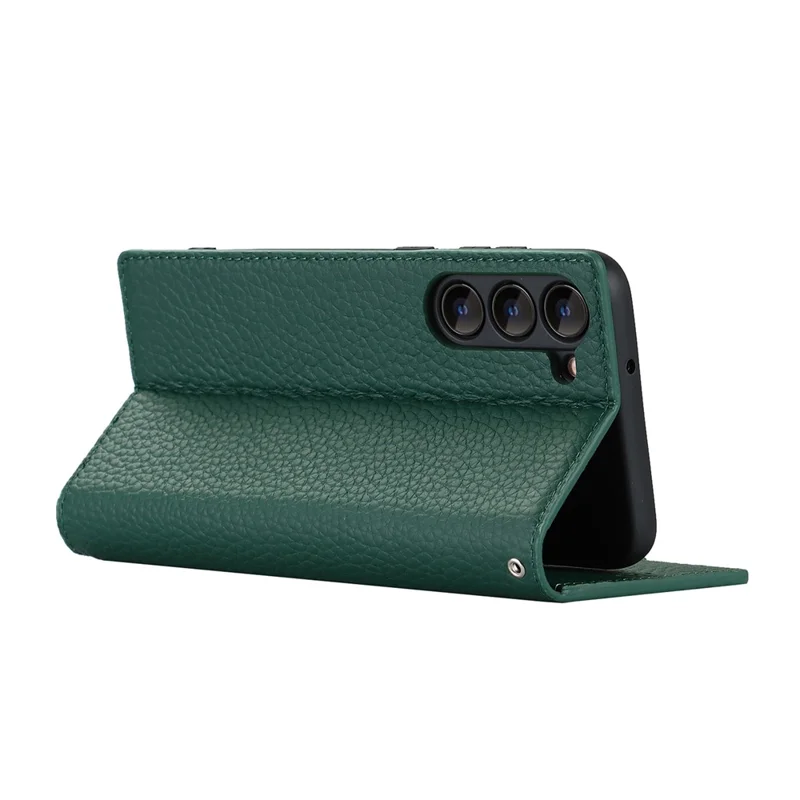 Genuine Leather+TPU Flip Cover for Samsung Galaxy S23+, Litchi Texture Wallet Stand Phone Protective Case Shell with Hand Strap - Green