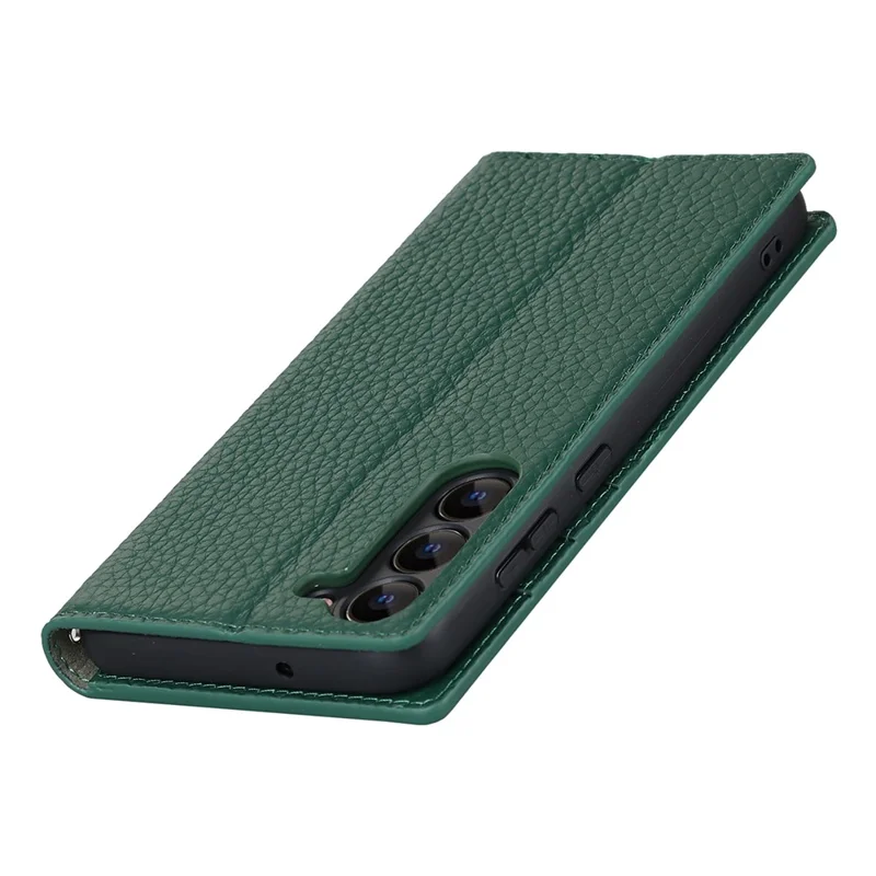 Genuine Leather+TPU Flip Cover for Samsung Galaxy S23+, Litchi Texture Wallet Stand Phone Protective Case Shell with Hand Strap - Green