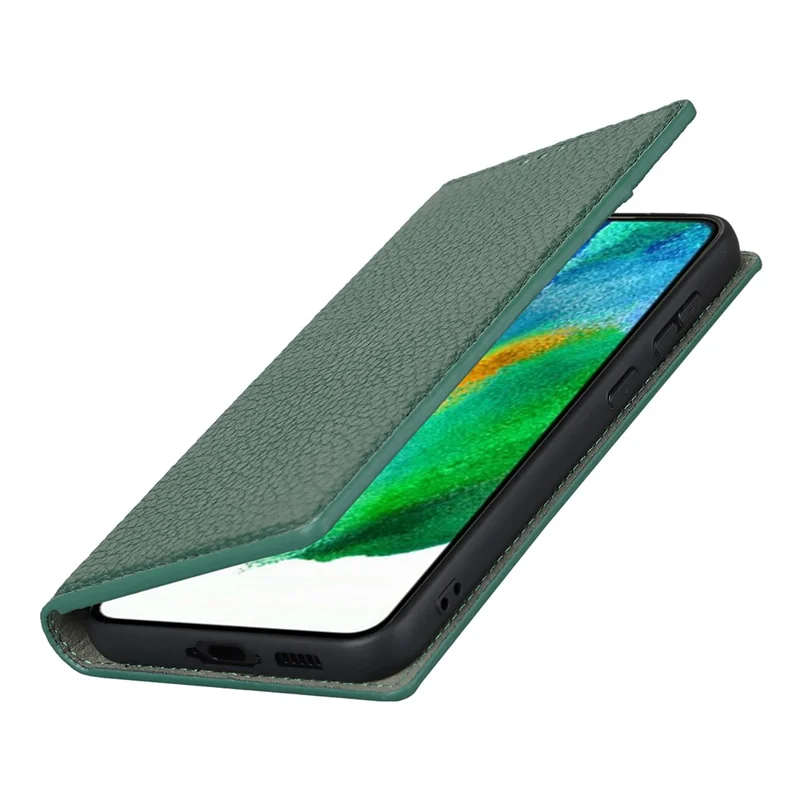 Genuine Leather+TPU Flip Cover for Samsung Galaxy S23+, Litchi Texture Wallet Stand Phone Protective Case Shell with Hand Strap - Green