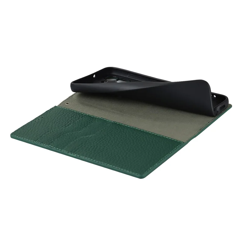 Genuine Leather+TPU Flip Cover for Samsung Galaxy S23+, Litchi Texture Wallet Stand Phone Protective Case Shell with Hand Strap - Green