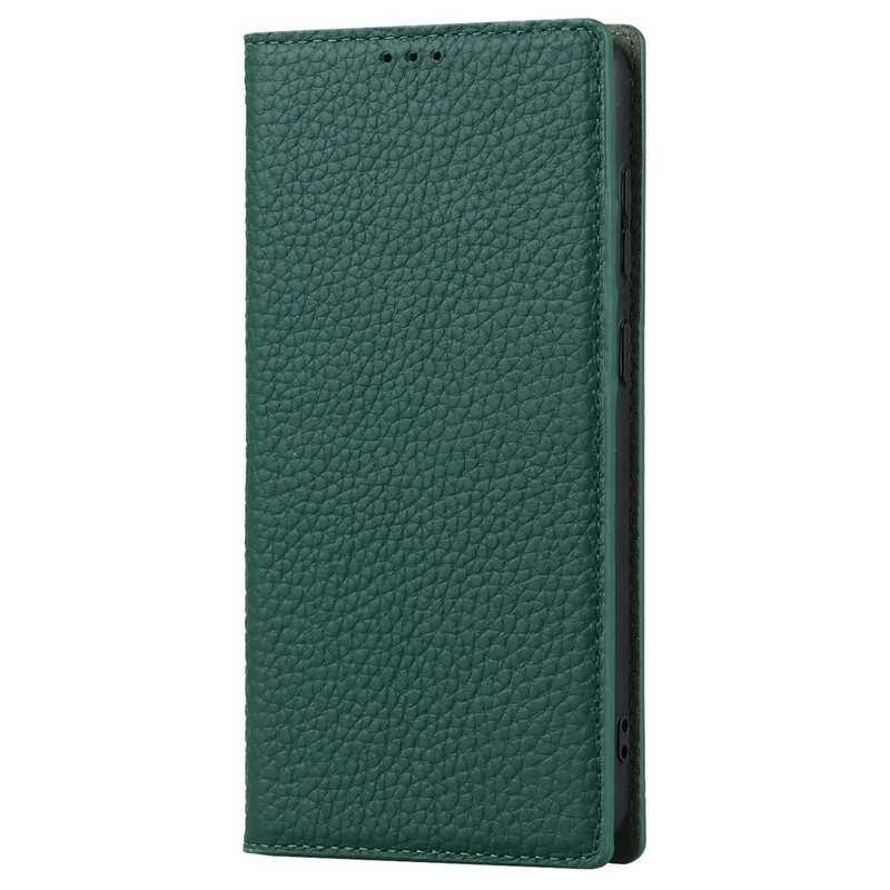 Genuine Leather+TPU Flip Cover for Samsung Galaxy S23+, Litchi Texture Wallet Stand Phone Protective Case Shell with Hand Strap - Green