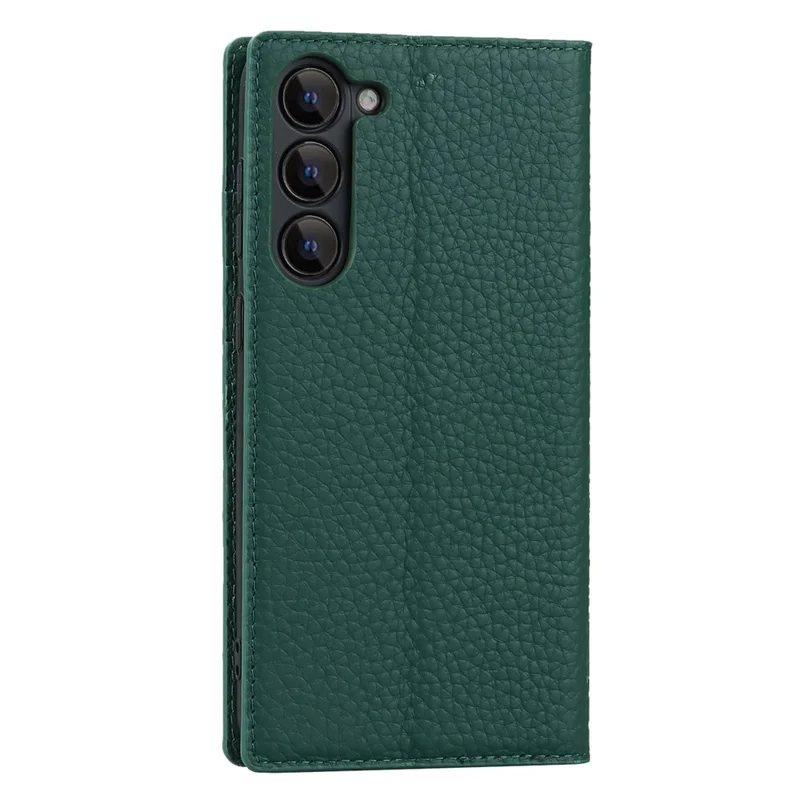 Genuine Leather+TPU Flip Cover for Samsung Galaxy S23+, Litchi Texture Wallet Stand Phone Protective Case Shell with Hand Strap - Green