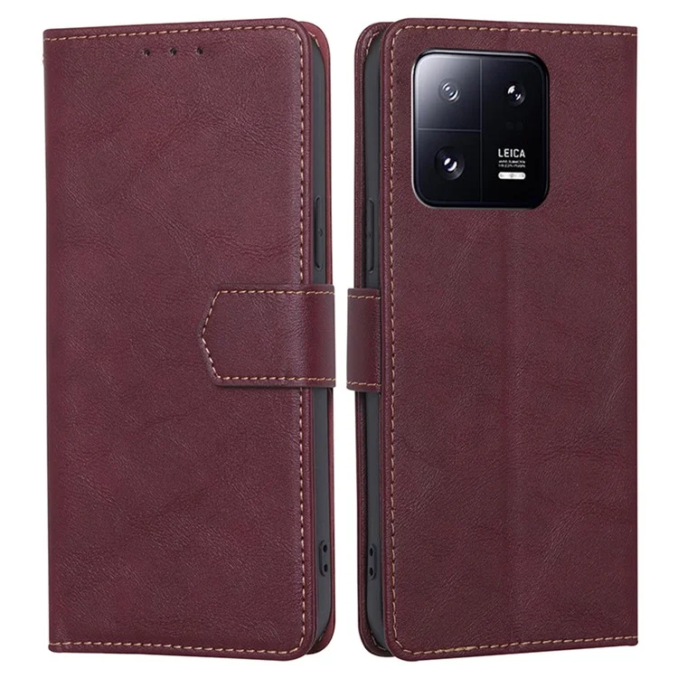 Для Xiaomi 13 Pro 5G PU Leather Stand Wallet Shockproof RFID Blocking Phone Cover Cowhide Texture Phone Case - Wine Red