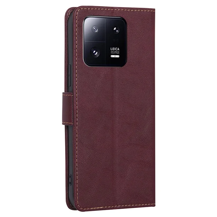 Для Xiaomi 13 Pro 5G PU Leather Stand Wallet Shockproof RFID Blocking Phone Cover Cowhide Texture Phone Case - Wine Red
