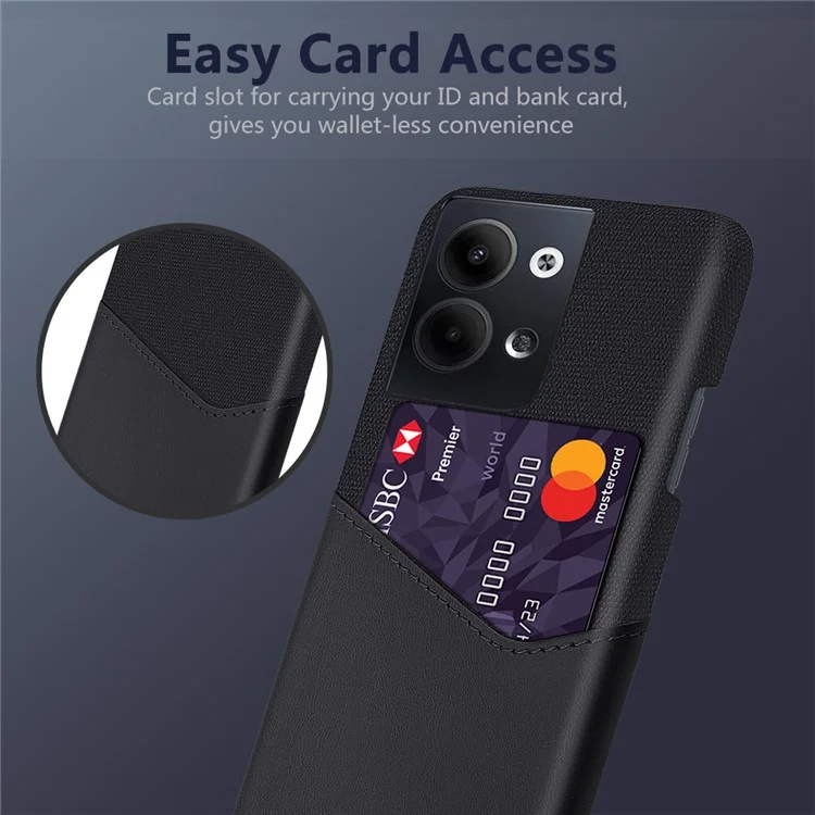 Anti-Fall Cloth Texture Handy-Hülle für Oppo Reno9 5G, PU-Leder beschichtete harte PC-Slim Anti-Kratzer Handy-Rückseite mit Kartenfach - Schwarz