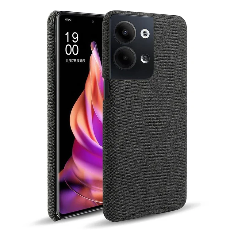 For Oppo Reno9 5G Solid Color Hard PC+Cloth Cell Phone Back Cover Anti-shock Phone Case - Black