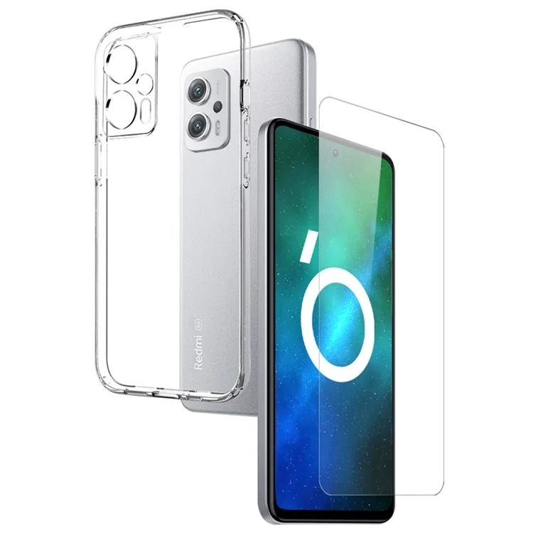 NORTHJO Pour Xiaomi Redmi Note 11T Pro 5G / Note 11T Pro+ 5G / Note 12T Pro 5G / Poco X4 GT 5G / Redmi K50i 5G Coque de téléphone arrière en TPU anti-chute 2-en-1 + Protecteur d'écran en verre trempé anti-rayures - Transparent