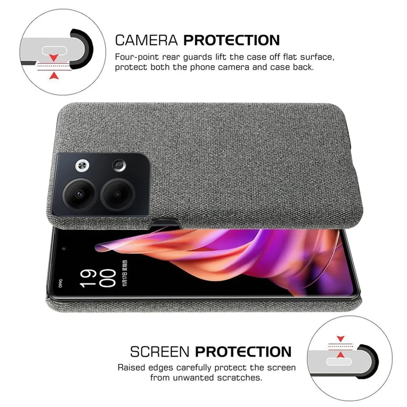 For Oppo Reno9 Pro+ 5G Shockproof Smartphone Case Solid Color Anti-scratch Hard PC+Cloth Phone Cover - Grey