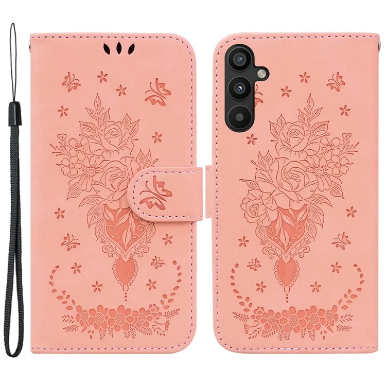 Pour Samsung Galaxy A34 5G Antichoc Imprimé Rose Papillon PU Cuir + TPU Coque Intérieure Magnétique Fermeture Portefeuille Support Téléphone Avec Dragonne - Rose