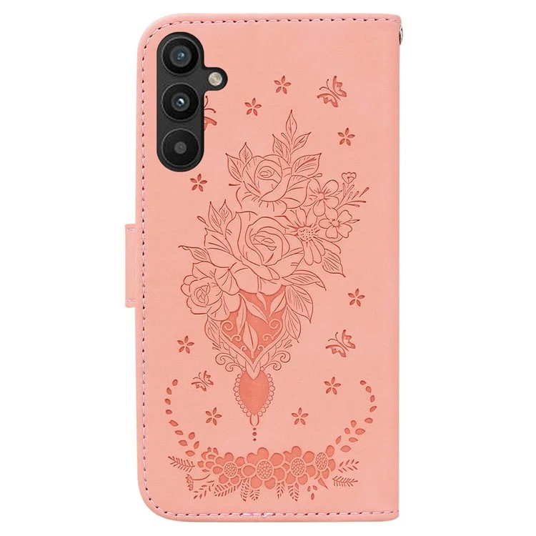 Pour Samsung Galaxy A34 5G Antichoc Imprimé Rose Papillon PU Cuir + TPU Coque Intérieure Magnétique Fermeture Portefeuille Support Téléphone Avec Dragonne - Rose