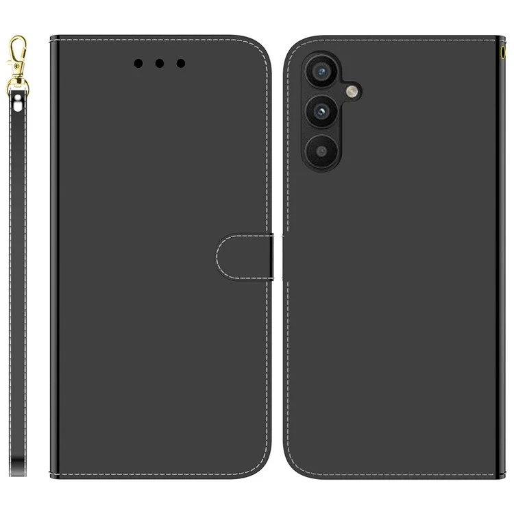 Per Samsung Galaxy A34 5G Antiimpronta PU Pelle Portafoglio Custodia Telefono Superficie Specchio-like Chiusura Magnetica Supporto Flip Phone Cover con Cinghia - Nero