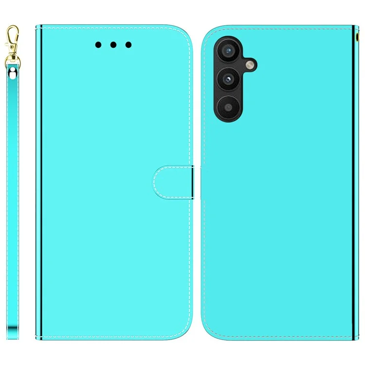 For Samsung Galaxy A54 5G Wallet Phone Case Mirror-like Surface PU Leather Magnetic Clasp Stand Flip Phone Cover with Strap - Cyan