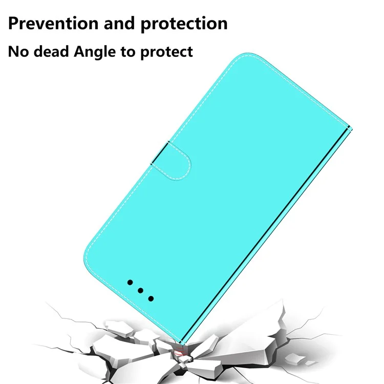 For Samsung Galaxy A54 5G Wallet Phone Case Mirror-like Surface PU Leather Magnetic Clasp Stand Flip Phone Cover with Strap - Cyan