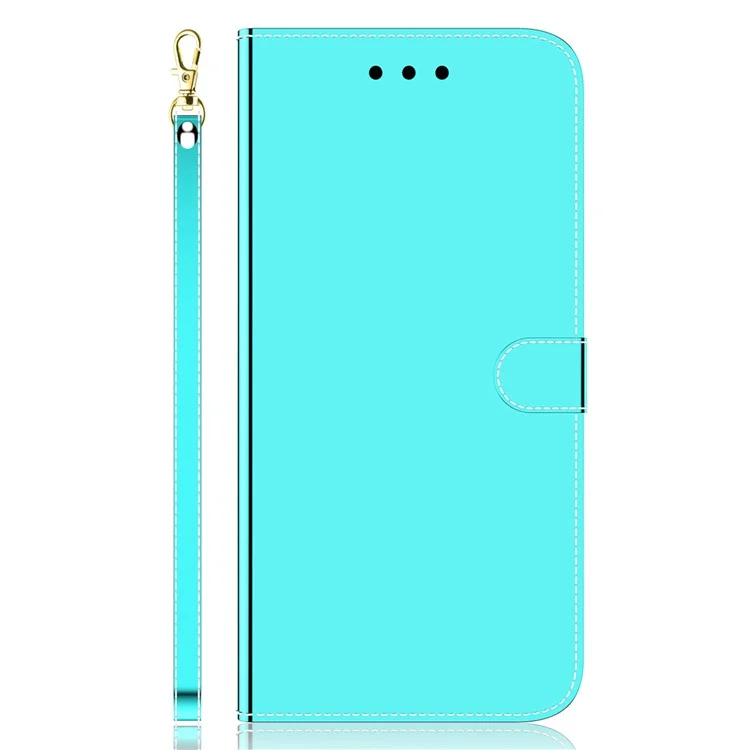 For Samsung Galaxy A54 5G Wallet Phone Case Mirror-like Surface PU Leather Magnetic Clasp Stand Flip Phone Cover with Strap - Cyan