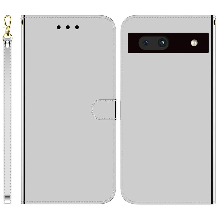 For Google Pixel 7a Mirror-like Surface PU Leather Wallet Phone Case Magnetic Clasp Stand Flip Phone Cover with Strap - Silver