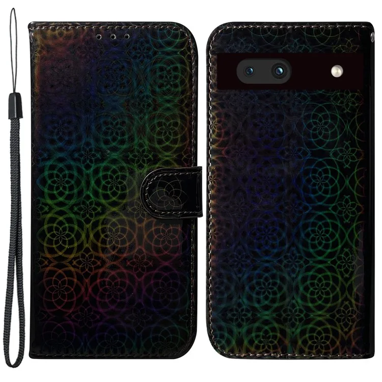 For Google Pixel 7a PU Leather Dazzling Flower Pattern Wallet Case Stand Magnetic Closure Bump Proof Flip Phone Cover with Strap - Black