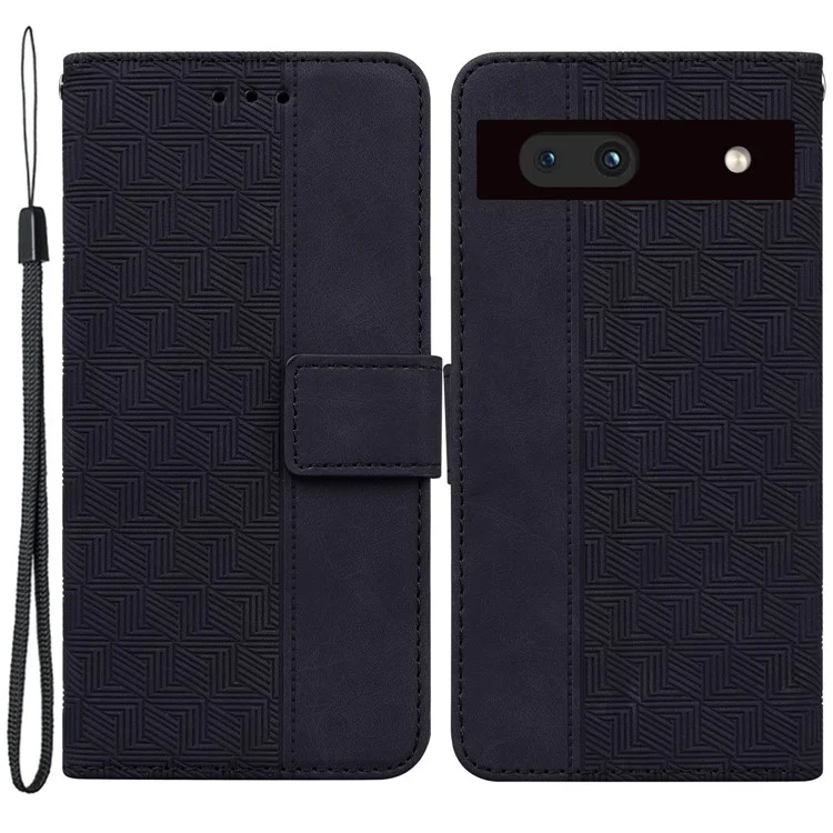 Imprinted Geometry Pattern Phone Case for Google Pixel 7a, Anti-Scratch PU Leather Magnetic Closure Wallet Stand Phone Cover - Black