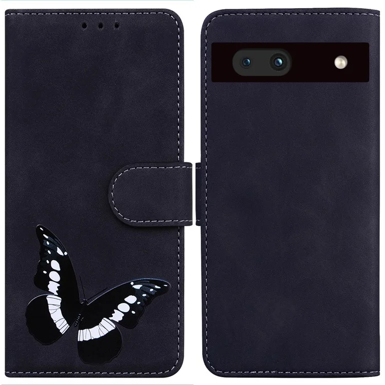 Para Google Pixel 7a Skin-touch Feeling Phone Shell Big Butterfly Pattern Printing Wallet PU Leather Stand Cover Case - Preto