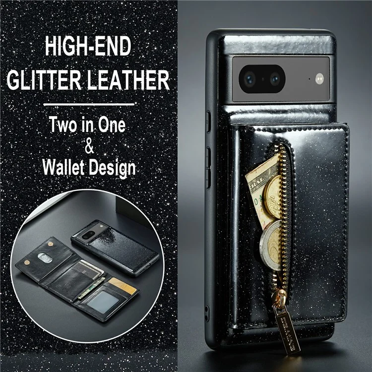 DG.MING M3 Series For Google Pixel 7 5G Magnetic Detachable Glitter Bling Powder PU Leather Phone Cover Wallet Kickstand Shockproof Phone Case - Negro