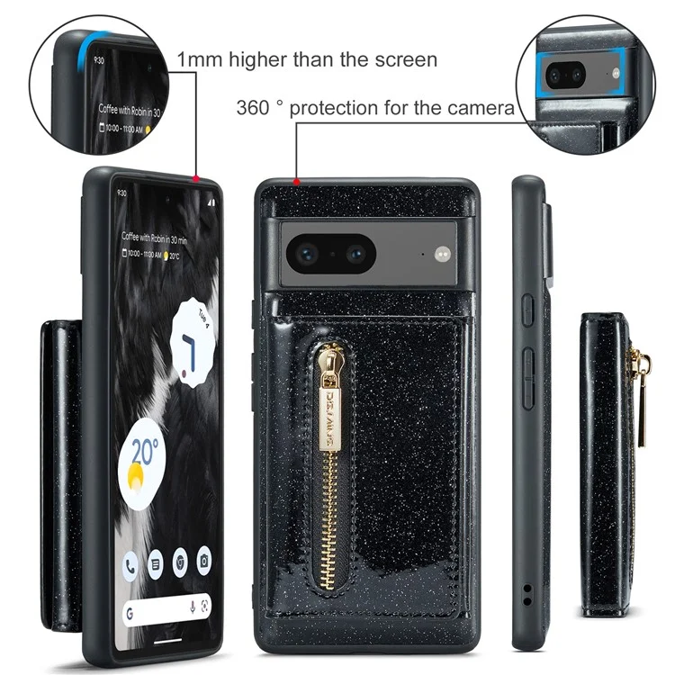 DG.MING M3 Series For Google Pixel 7 5G Magnetic Detachable Glitter Bling Powder PU Leather Phone Cover Wallet Kickstand Shockproof Phone Case - Negro
