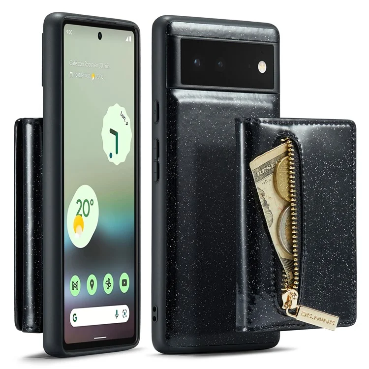 DG.MING M3 Series For Google Pixel 6a Glitter Bling Powder PU Leather Anti-scratch Magnetic Phone Cover PC+TPU Kickstand Zipper Pocket Wallet Smartphone Case - Black