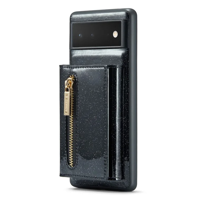 DG.MING M3 Series For Google Pixel 6a Glitter Bling Powder PU Leather Anti-scratch Magnetic Phone Cover PC+TPU Kickstand Zipper Pocket Wallet Smartphone Case - Black