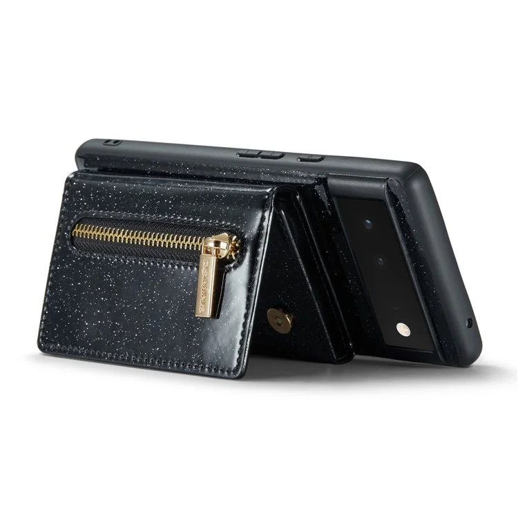 DG.MING M3 Series For Google Pixel 6a Glitter Bling Powder PU Leather Anti-scratch Magnetic Phone Cover PC+TPU Kickstand Zipper Pocket Wallet Smartphone Case - Black