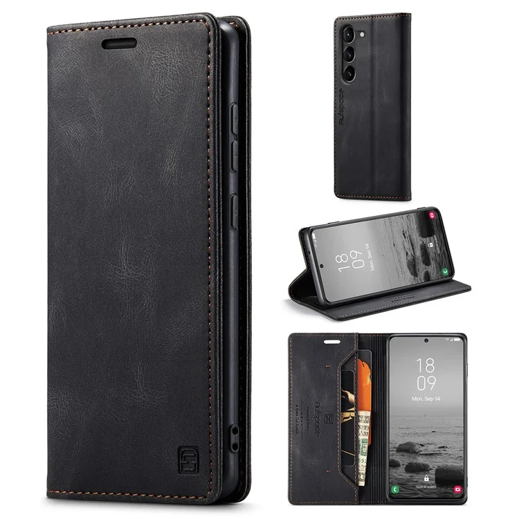 AUTSPACE A01 Series for Samsung Galaxy S23 RFID Blocking Anti-drop Phone Case Retro Texture PU Leather Wallet Stand Matte Flip Phone Cover - Black