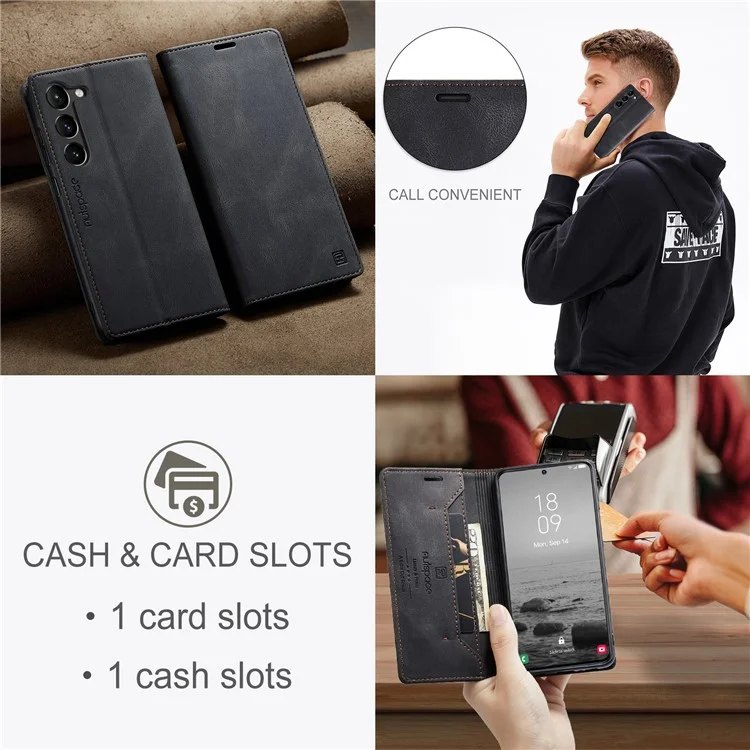 AUTSPACE A01 Series for Samsung Galaxy S23 RFID Blocking Anti-drop Phone Case Retro Texture PU Leather Wallet Stand Matte Flip Phone Cover - Black