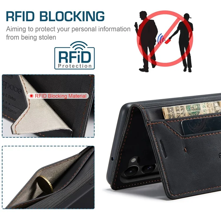 AUTSPACE A01 Series for Samsung Galaxy S23 RFID Blocking Anti-drop Phone Case Retro Texture PU Leather Wallet Stand Matte Flip Phone Cover - Black