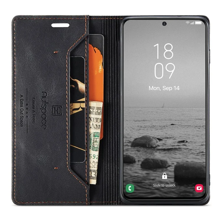 AUTSPACE A01 Series for Samsung Galaxy S23 RFID Blocking Anti-drop Phone Case Retro Texture PU Leather Wallet Stand Matte Flip Phone Cover - Black