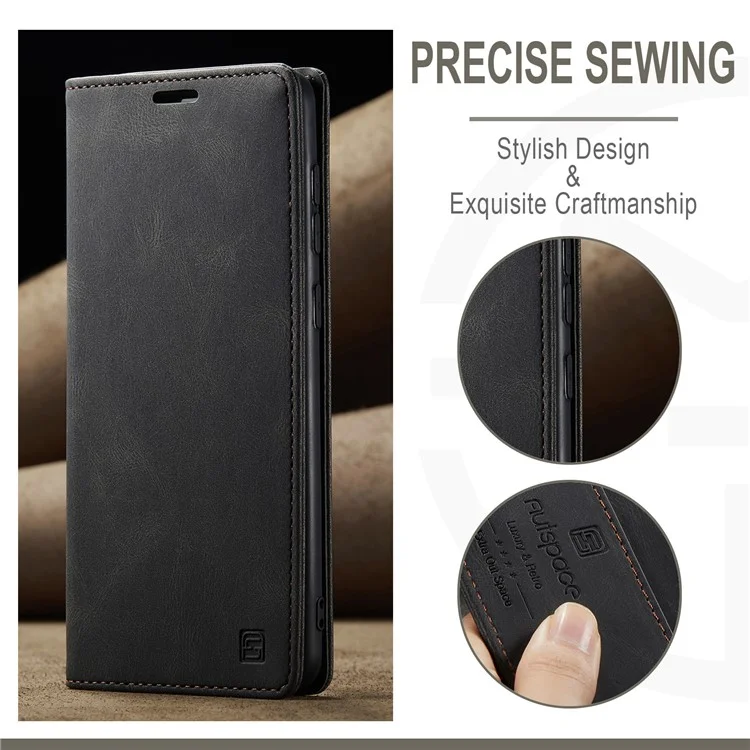AUTSPACE A01 Series for Samsung Galaxy S23 RFID Blocking Anti-drop Phone Case Retro Texture PU Leather Wallet Stand Matte Flip Phone Cover - Black