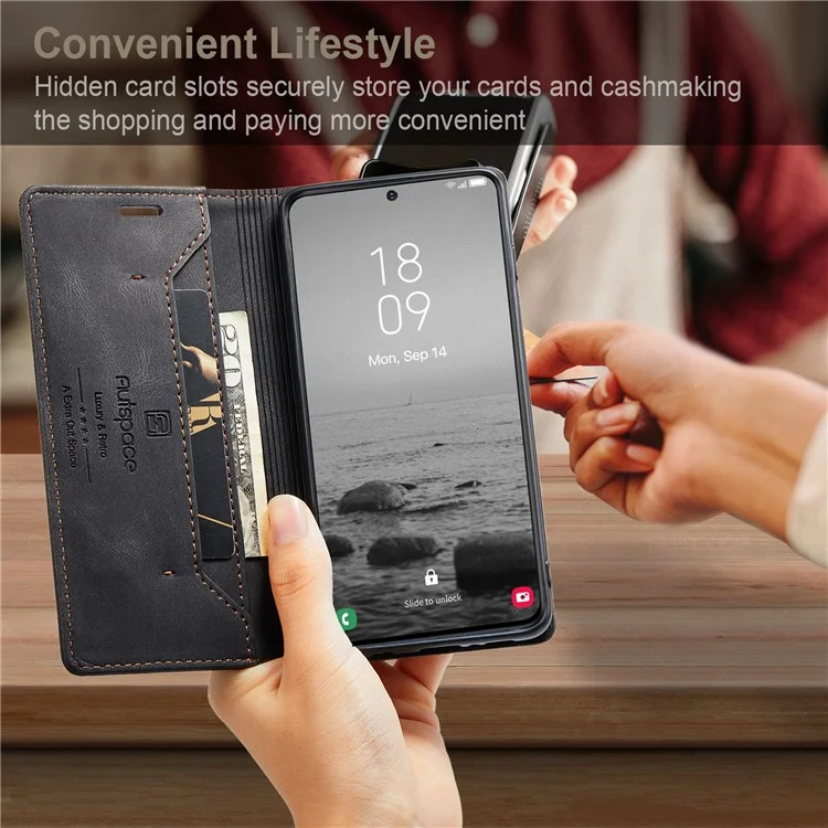 AUTSPACE A01 Series for Samsung Galaxy S23 RFID Blocking Anti-drop Phone Case Retro Texture PU Leather Wallet Stand Matte Flip Phone Cover - Black