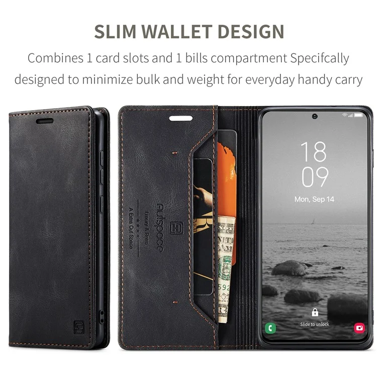 AUTSPACE A01 Series for Samsung Galaxy S23+ RFID Blocking Cell Phone Case Stand Wallet Retro Texture Shockproof PU Leather Matte Phone Cover - Black