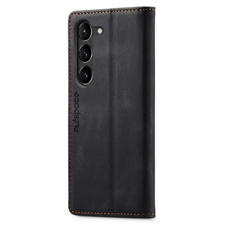 AUTSPACE A01 Series for Samsung Galaxy S23+ RFID Blocking Cell Phone Case Stand Wallet Retro Texture Shockproof PU Leather Matte Phone Cover - Black